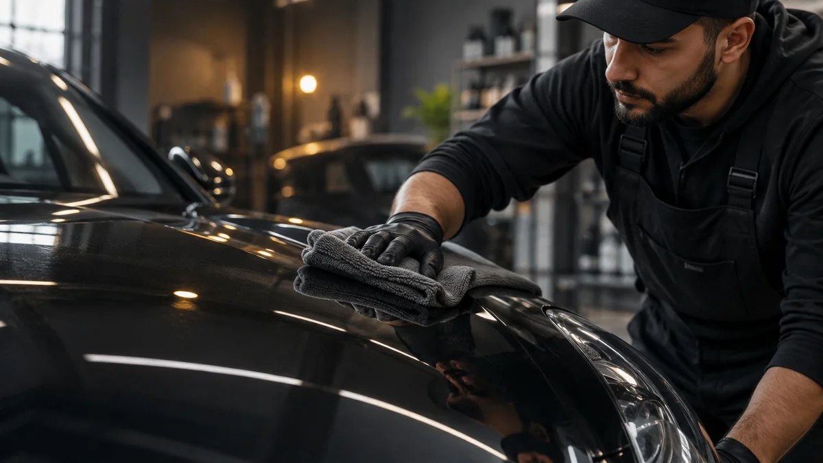 Illustrative concept: a detailing professional carefully finishing a black vehicle.